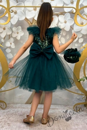 Официална детска рокля без ръкав с богат тюл в тъмнозелено 2