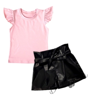 Комплект за момиче от кожени къси панталони в черно и тениска в пепел от рози 542536