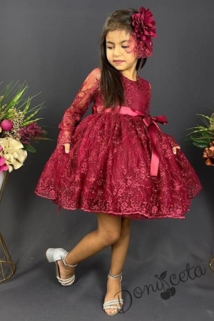Официална детска рокля Адел с ръкав от дантела и тюл в бордо