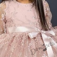 Официална детска рокля с ръкав от дантела и тюл в цвят пепел от рози 2