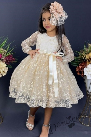 Официална детска рокля Адел с ръкав от дантела и тюл в екрю с панделка за коса
