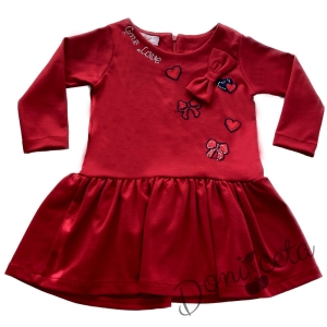 Детска рокля с дълъг ръкав в червено със сърчица и панделка