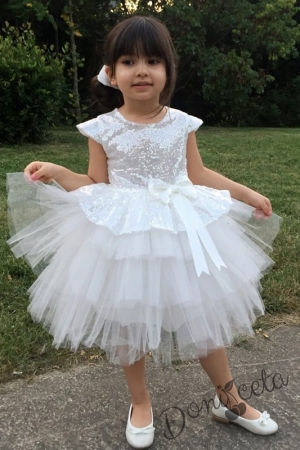 Детска официална рокля в бяло от пайети и тюл на пластове Валериа