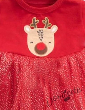 Коледна бебешка рокля с блясък  в червено с еленче и диадема