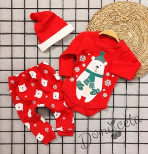 Бебешки коледен комплект с боди, панталонки и шапка с мечок в червено