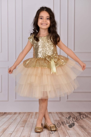 Детска официална рокля в златисто от пайети и тюл на пластове Валериа