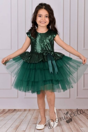 Детска официална рокля в тъмнозелено от пайети и тюл на пластове 