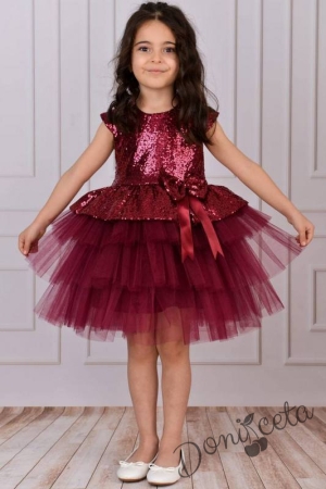 Детска официална рокля в бордо от пайети и тюл на пластове Валериа 1