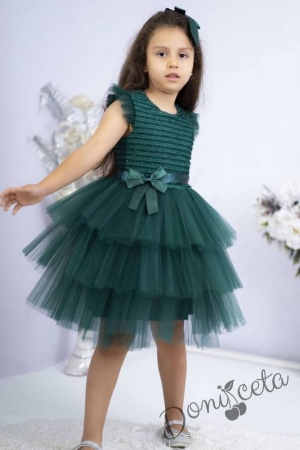 Официална детска рокля в зелено и тюл на пластове  с панделка за коса Хера 1