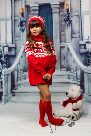 Детска плетена зимна рокля в червено с шапка и шал 1