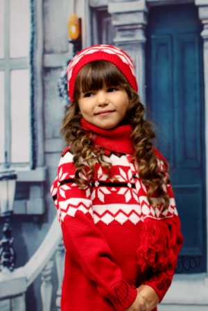 Детска плетена зимна рокля в червено с шапка и шал2