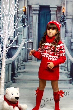 Детска плетена зимна рокля в червено с шапка и шал 4