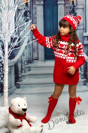 Детска плетена зимна рокля в червено с шапка и шал5