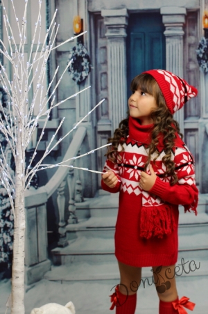 Детска плетена зимна рокля в червено с шапка и шал8