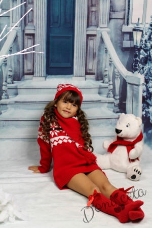 Детска плетена зимна рокля в червено с шапка и шал 12