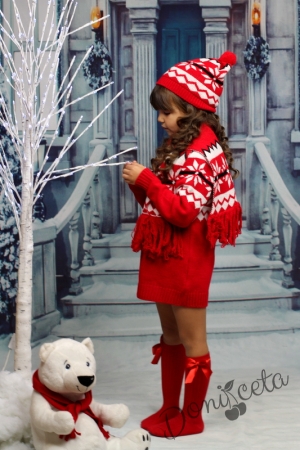 Детска плетена зимна рокля в червено с шапка и шал 13