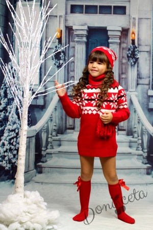 Детска плетена зимна рокля в червено с шапка и шал 14