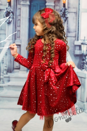 Детска рокля в червено с дълъг ръкав със звездички