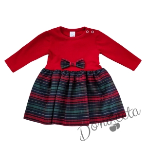Официална или ежедневна детска рокля с дълъг ръкав в червено с каре 