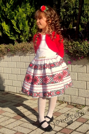 Детска рокля без ръкав с етно мотиви тип носия с болеро в червено 3