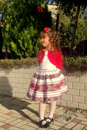 Детска рокля без ръкав с етно мотиви тип носия с болеро в червено 7