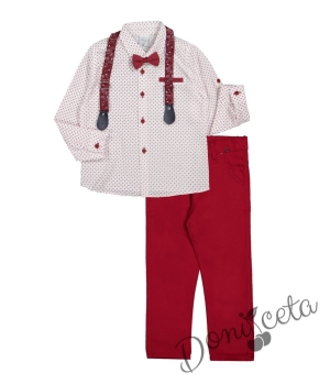 Комплект за момче от риза в бяло, папионка на точки с тиранти  и панталони в червено 