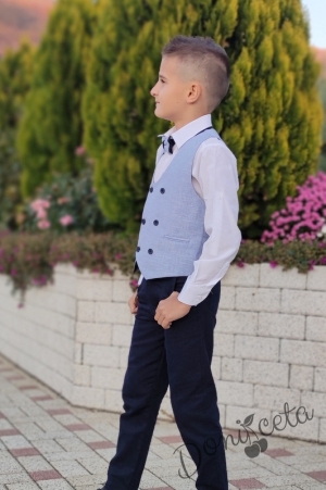 Официален костюм момче с елек в синьо, риза в бяло, панталон и папийонка 3
