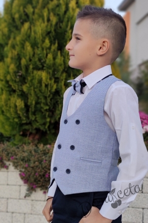 Официален костюм момче с елек в синьо, риза в бяло, панталон и папийонка 4