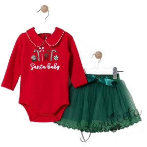 Коледен бебшки комплект от боди в червено и пола в зелено
