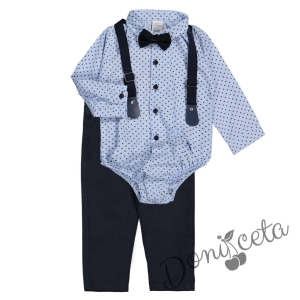 Bodyshirt set with dots as ornaments, suspenders, pants and bow tie in navy blue