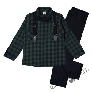Комплект за момче от риза на каре в тъмно зелено, тиранти, папийонка и панталони в тъмносиньо 