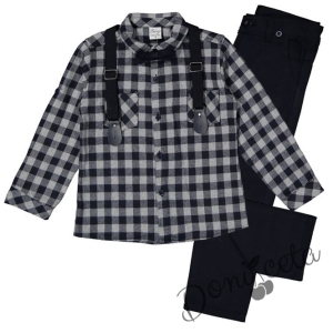 Комплект за момче от риза на каре в тъмносиньо, тиранти, папийонка и панталони в сиво