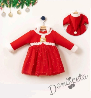 Коледна бебешка рокля  в червено с качулка 1