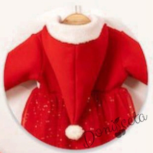Коледна бебешка рокля  в червено с качулка 3