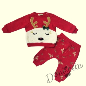 Коледен комплект от блуза с елен и панталони в червено