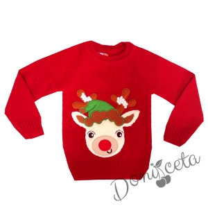 Детски коледен пуловер в червено с еленче 6325419