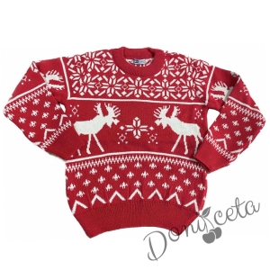 Плетен коледен пуловер в червено с еленчета