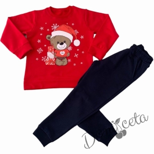 Коледен ватиран комплект от 2 части панталон в тъмносиньо и блуза в червено с мече