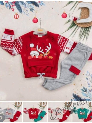 Коледен ватиран комплект от блуза  в екрю с Дядо Коледа и еленче и панталон в червено