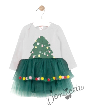 Коледна бебешка рокля в бяло с елха и зелен тюл