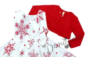 Комплект от рокличка за Коледа с червени снежинки и болеро в червено 2