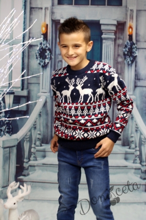 Детски  коледен пуловер в тъмносиньо с елени 9