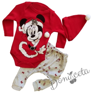 Бебешки коледен комплект от 3 части-боди в червено с Мини, панталони и шапка 1