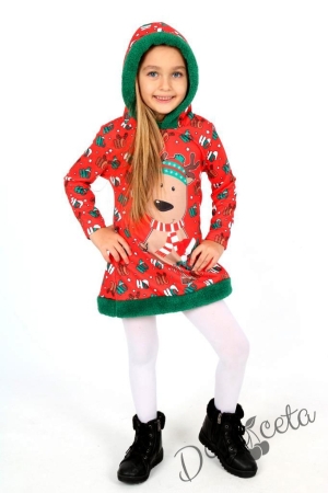 Christmas children's dress in red with reindeer and Christmas motives and hood