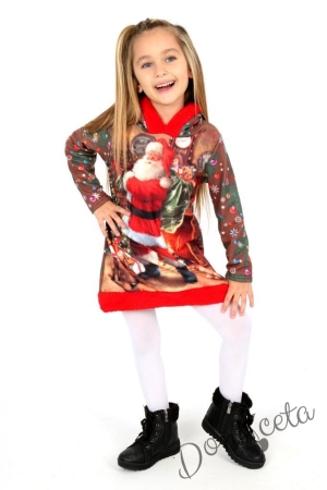 Коледна детска рокля в червено с дядо Коледа с качулка 2