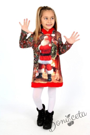 Коледна детска рокля в червено с дядо Коледа с качулка 3