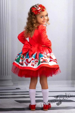 Детска коледна рокля с дълъг ръкав в червено с еленче и диадема