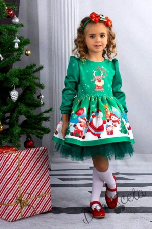 Детска коледна рокля с дълъг ръкав в зелено с еленче и диадема