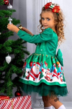 Детска коледна рокля с дълъг ръкав в зелено с еленче и диадема