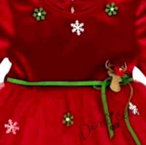 Коледна детска рокля  в червено с тюл и снежинки 2